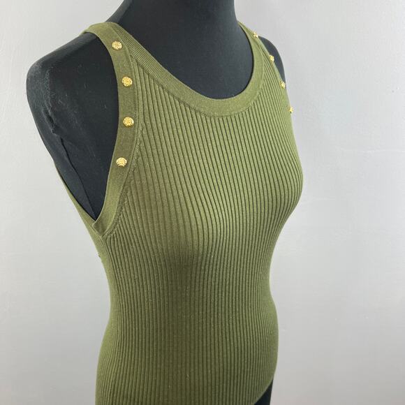 SANDRO Green Ribbed Knit Slim Fit Gold Charm Sleeveless Scoop Fitted Tank 3 - Picture 3 of 7